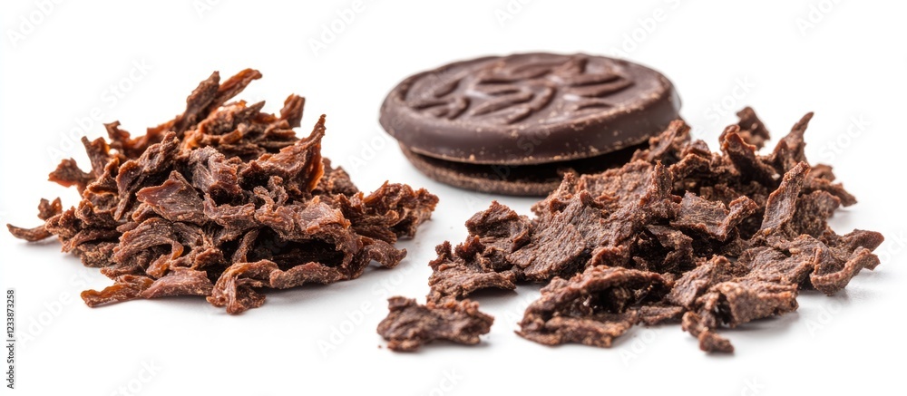 Aufkleber chocolate flakes and cookie on white background with copy space for text placement