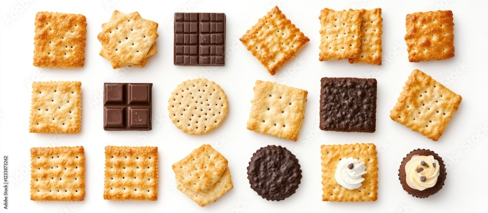 Poster variety of different crackers and cookies for snacking arranged on white background with copy space