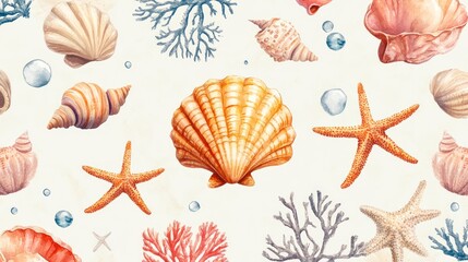 Watercolor seashells, starfish, coral pattern, beach background, textile design