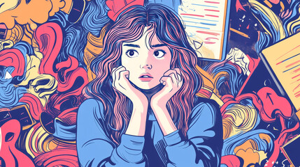 Chaos in girl's head and hurricane of thoughts. Modern design, contemporary art collage. Inspiration, idea concept, trendy urban magazine style. Back to school. Line art