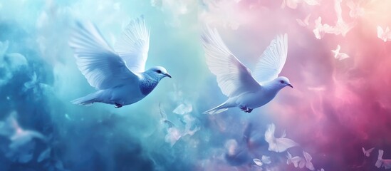 Serene Doves in Flight Oversoft Colorful Background with Space for Text on Charity and Peace Initiatives