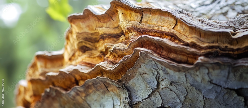 Poster close-up view of textured tree bark with layered patterns and rich brown hues featuring natural ligh