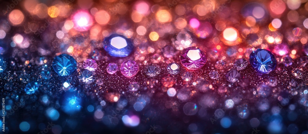 Poster colorful sparkling gems or crystals on a textured surface with bokeh effect and vibrant lighting cop