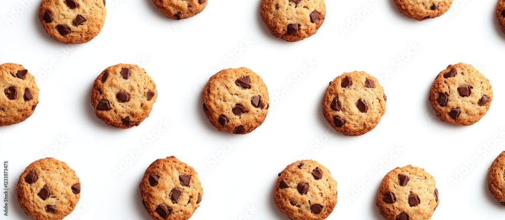 Poster chocolate chip cookies arranged in a uniform pattern on a white background with copy space for text.