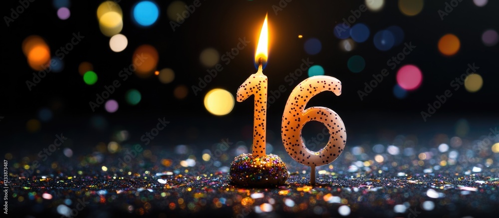 Poster candle in the shape of number 16 with flame on glittery background decorated with colorful bokeh lig