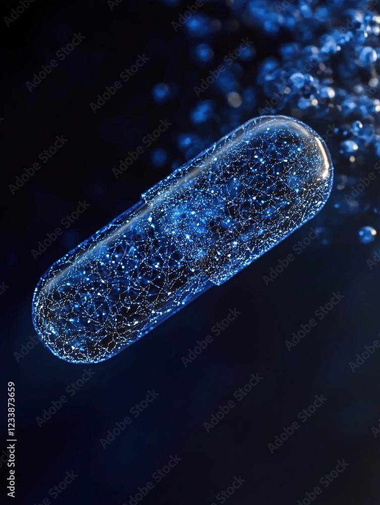 Poster abstract blue capsule with network of dots and lines floating against a dark background