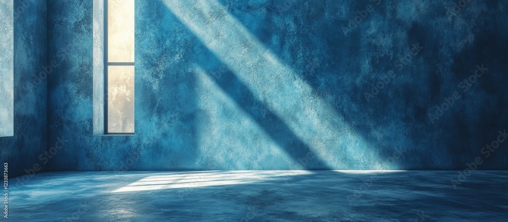 Poster empty blue room interior with large windows casting shadows on the textured walls and floor suitable
