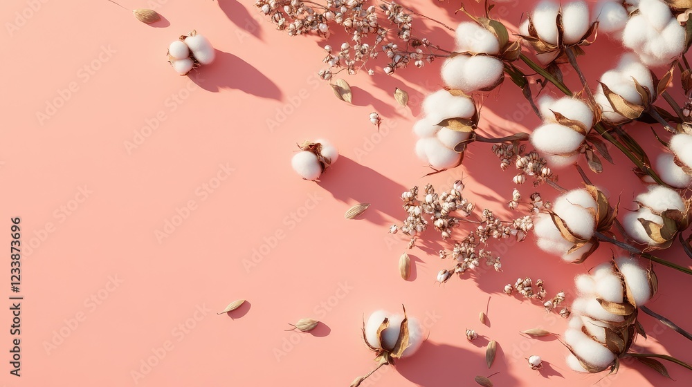 Poster cotton seeds and cotton flowers arranged on a soft pink background creating an inviting empty space 