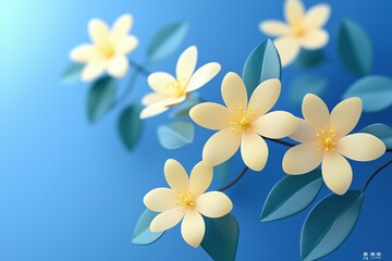 Naklejka premium A close-up view of delicate yellow flowers with soft petals and green leaves against a gradient blue background, creating a serene and fresh atmosphere. 3d rendering cute illustration creative scene.