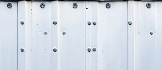 Textured metal wall with visible rivets and screws in a light color ideal for background use and Copy Space.