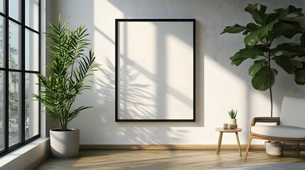 Bright and airy minimalist living room interior with large windows allowing natural light to flood the cozy space