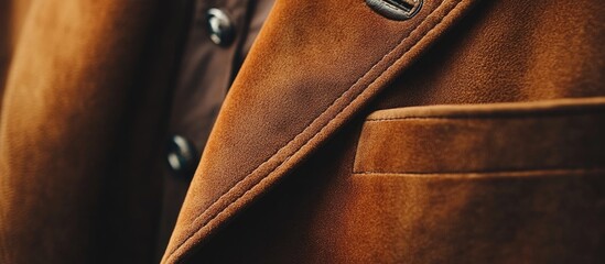 Close-up detail of brown suede jacket fabric with buttons and pocket design on a brown shirt background Copy Space