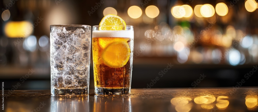 Poster glasses of iced drink with lemon slice and glass of ice on bar counter with blurred background and b
