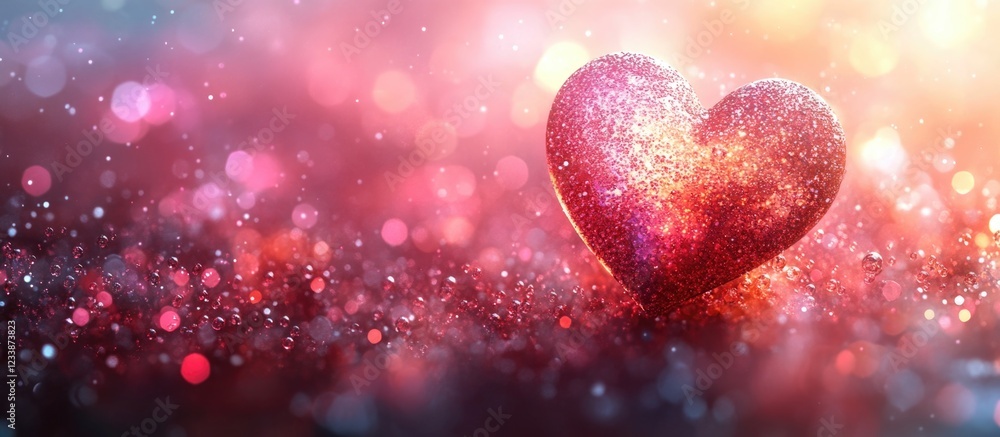 Poster glittering red heart shape with sparkling bokeh lights on colorful background for romantic themes co