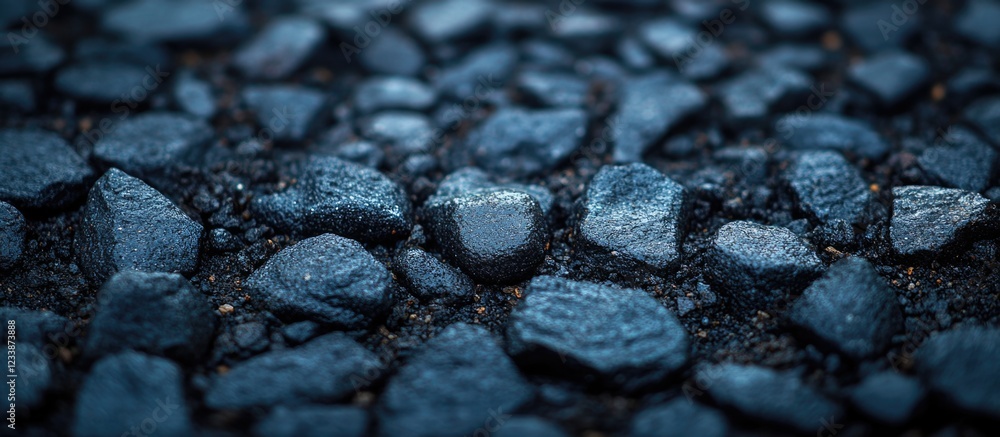 Poster close-up texture of dark asphalt stones with various shapes and sizes on a road surface ideal for ba