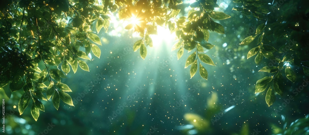 Poster bright sunlight filtering through lush green leaves in a dense forest creating a serene atmosphere w