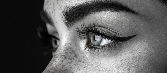 Fototapeta premium Close-up of a woman's eye featuring striking eyeliner, long lashes, freckles, and detailed skin texture against a dark background, Copy Space