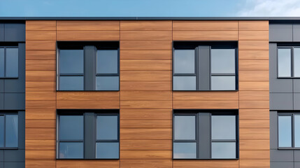 Fototapeta premium Modern wood-clad building facade, clear sky. Architectural design, real estate