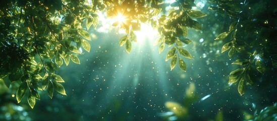 Naklejka premium Bright sunlight filtering through lush green leaves in a dense forest creating a serene atmosphere with particles in the air Copy Space