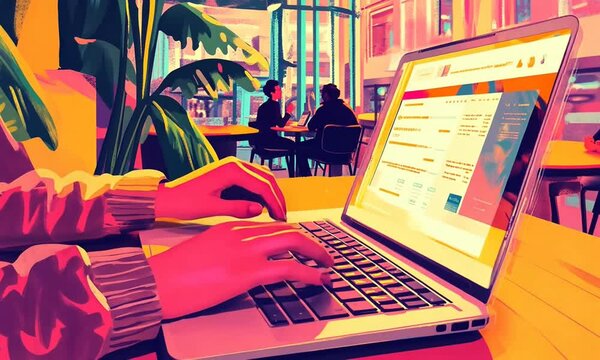 Person typing on a laptop in a vibrant caf? setting with people socializing in the background