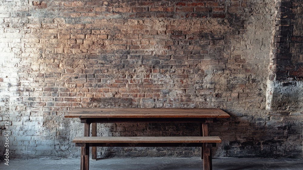 Poster wooden table with bench against rustic brick wall ideal for product display featuring ample empty sp