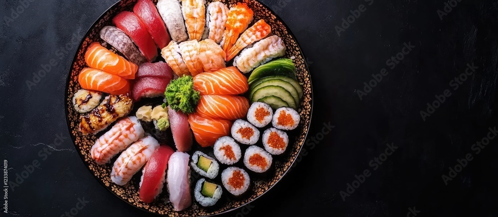 Poster colorful assortment of sushi and sashimi served on a round plate with dark background and copy space