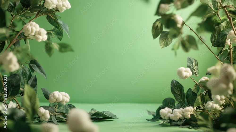 Poster cotton plant with panicles on green background creating a serene atmosphere in a bright textile fact