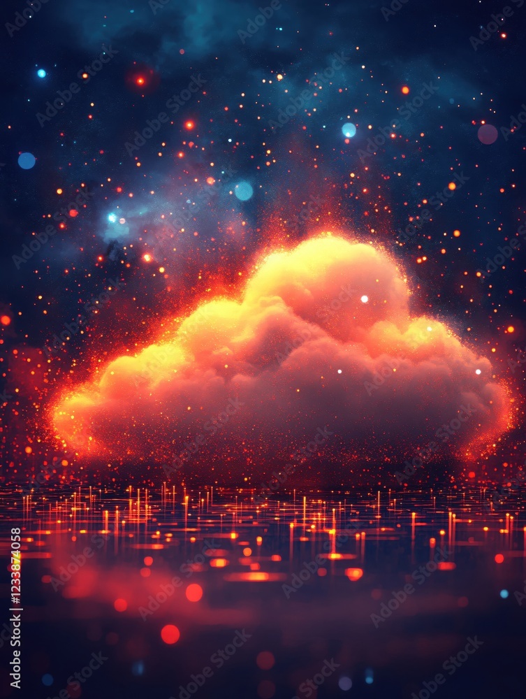 Poster fiery cloud in a dark space with glowing particles and lines creating a cosmic scene