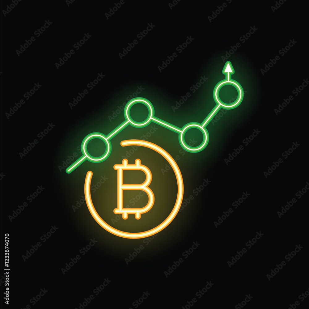 Poster neon sign showing bitcoin value increasing with glowing green line graph pointing up to the right