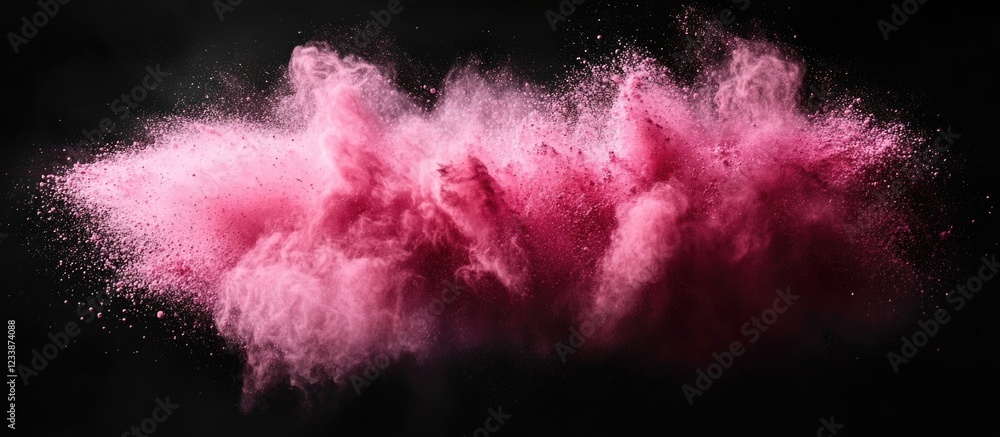Poster pink powder explosion on black background creating a cloud effect with vibrancy and texture ideal fo