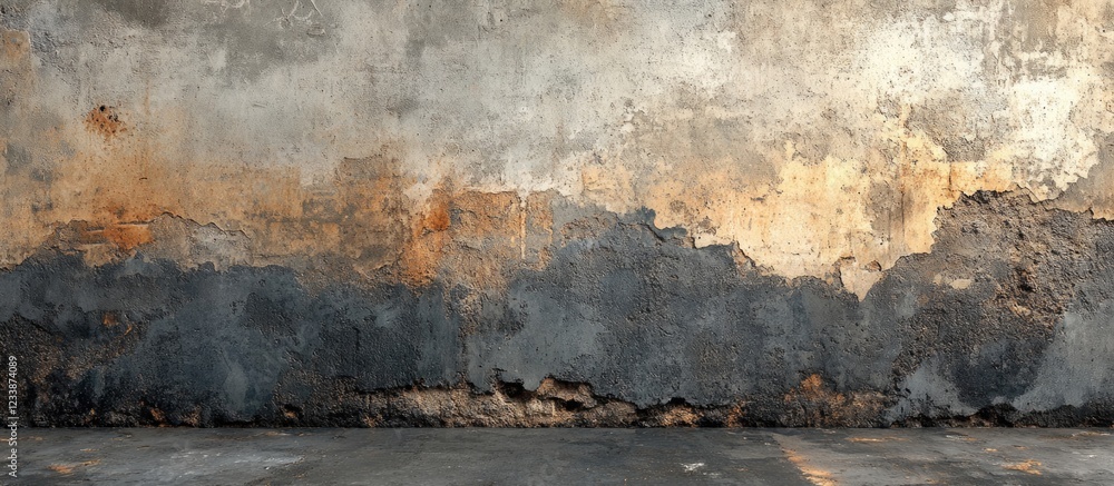Poster textured grunge wall with peeling paint and rough surface showcasing layers of color and deteriorati