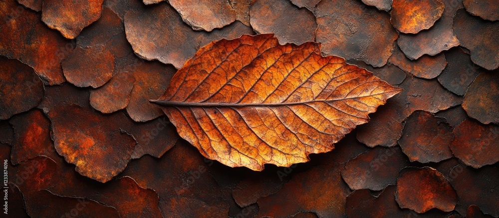 Poster detailed close-up of a single brown leaf on a textured background of overlapping dried leaves with w