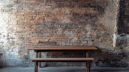 Wooden table with bench against rustic brick wall ideal for product display featuring ample empty space for creative text and branding