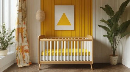 Contemporary Nursery with Yellow Cot Bed and White Striped Sides Featuring Bright Wall Art and Natural Greenery