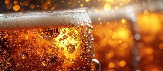 Close-up of frothy beer in glasses with bubbles and reflections against a blurred background of more beer glasses Copy Space