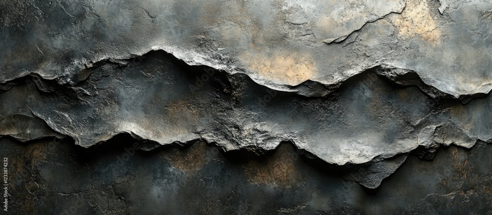 Aufkleber textured abstract background of layered rough surfaces in shades of gray and gold with visible imper