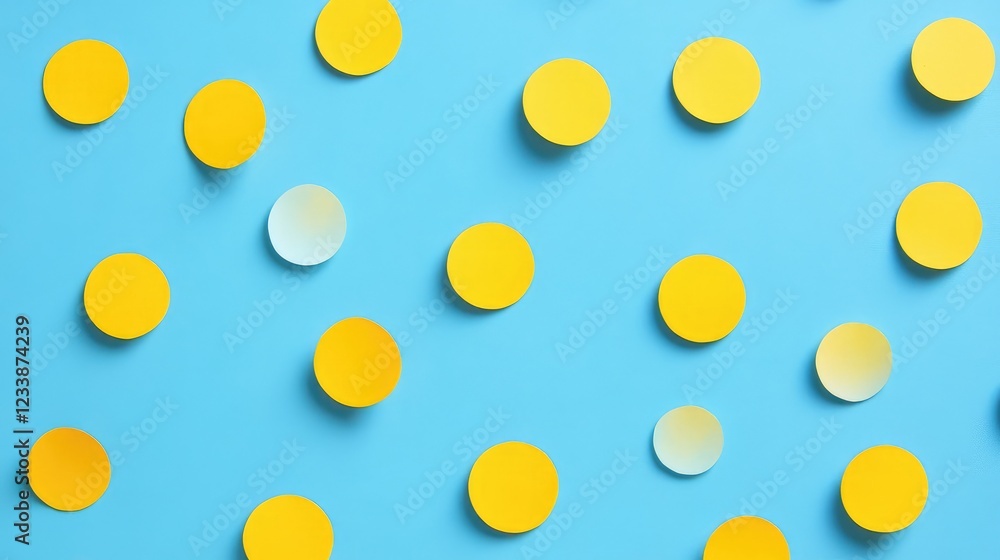 Poster playful yellow polka dots on soft blue background, minimalist design with circular patterns creating