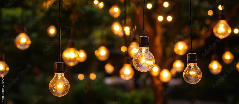 Poster hanging vintage light bulbs with warm glow in a garden setting during evening with blurred backgroun