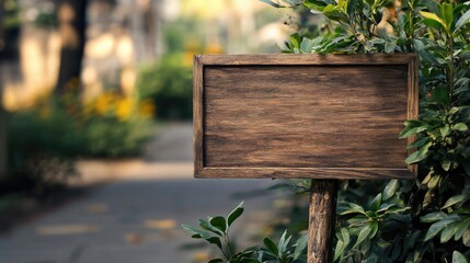 Wooden signboard mockup on a street surrounded by greenery with an empty space for customizable text or advertising messages