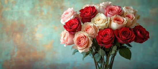 Obraz premium Bouquet of assorted roses in shades of red and pink against a textured blue-green background Copy Space