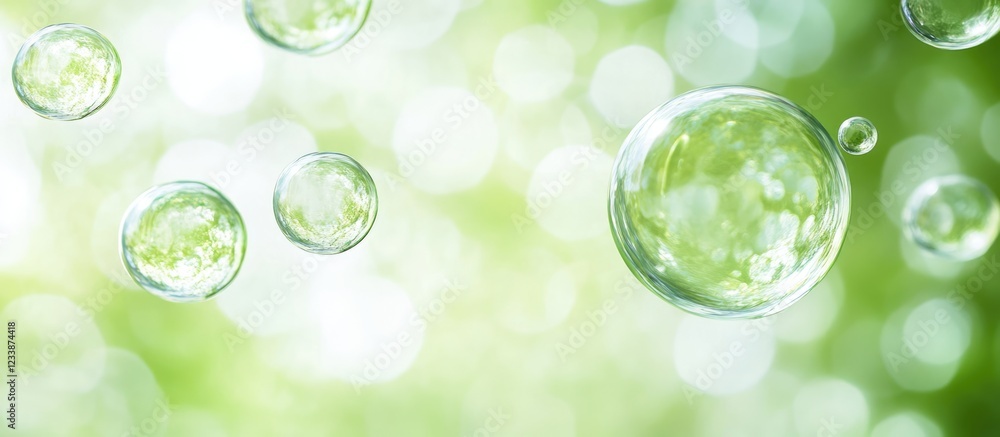 Poster green blurred background with transparent bubbles in the foreground and ample space for text copy sp