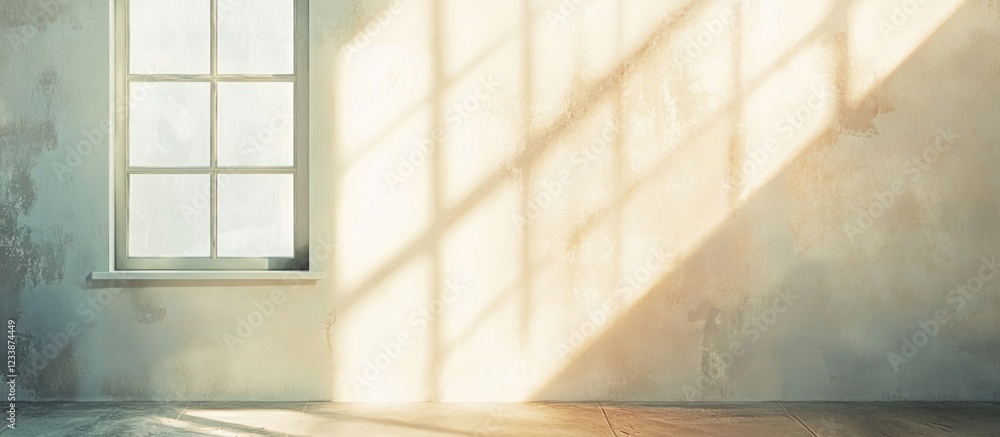 Poster light and shadow play on textured wall with window casting diagonal rays, empty room with natural il