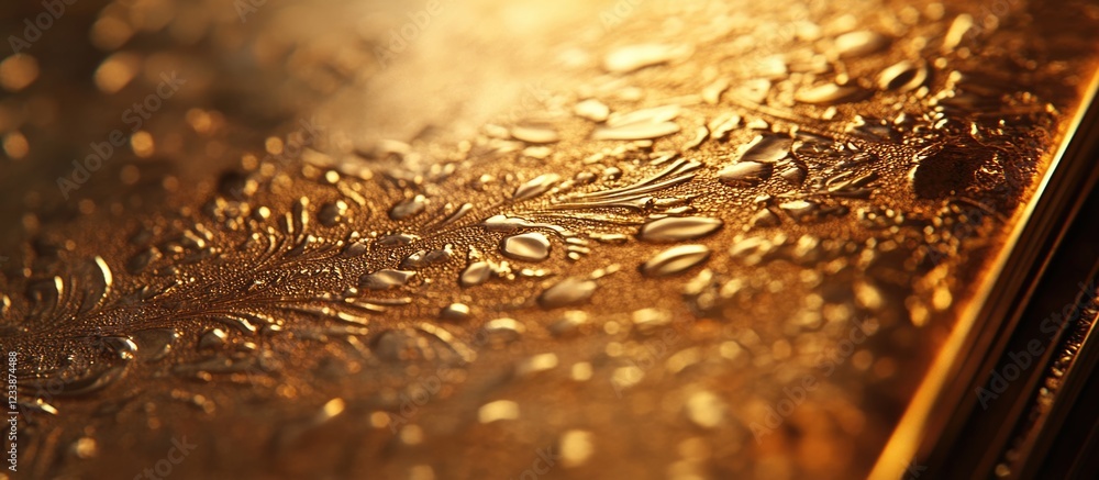 Poster close-up of water droplets on golden surface with intricate patterns and soft lighting, featuring na