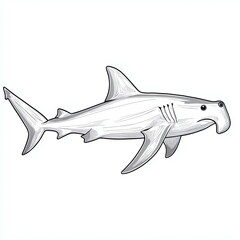 Fototapeta premium Hammerhead shark swimming in clear water with a streamlined body, large eyes, and unique head shape, showcasing its distinct silhouette and aquatic grace.