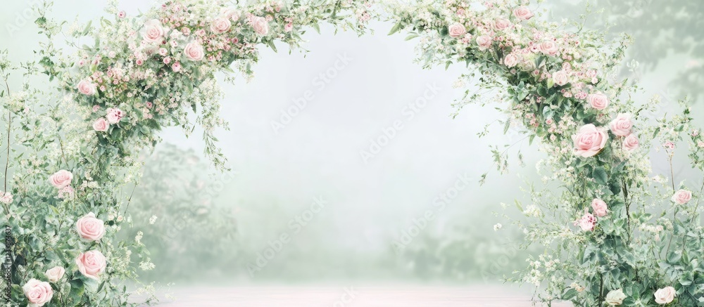 Poster floral archway in soft pink and green pastels with empty text space for elegant invitations or event