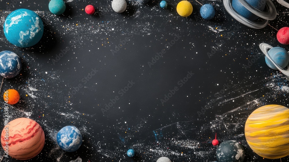 Poster cosmic design featuring hand-painted foam planet holders with empty space for creative text or graph