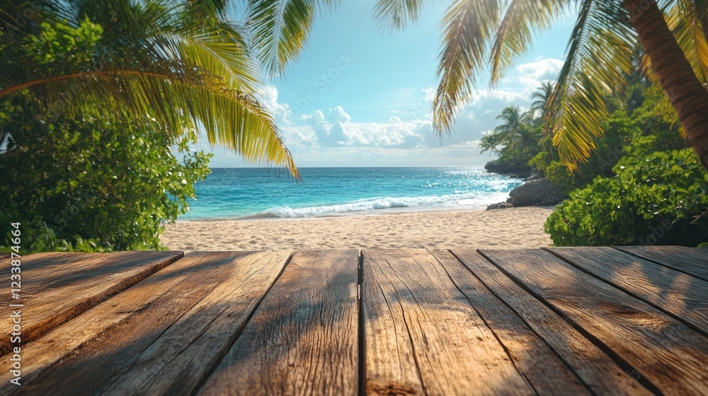 Poster tranquil beach view from a wooden table surrounded by palm trees with ample space for text or brandi