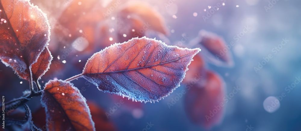 Poster frosted autumn leaves with vibrant colors and blurred background creating a cold atmosphere with cop