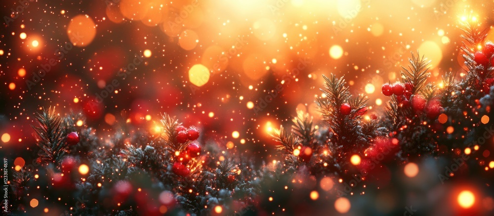 Aufkleber blurred festive background with christmas tree branches and red berries illuminated by warm bokeh li