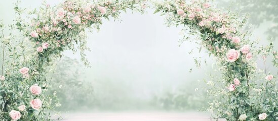Obraz premium Floral Archway in Soft Pink and Green Pastels with Empty Text Space for Elegant Invitations or Event Announcements